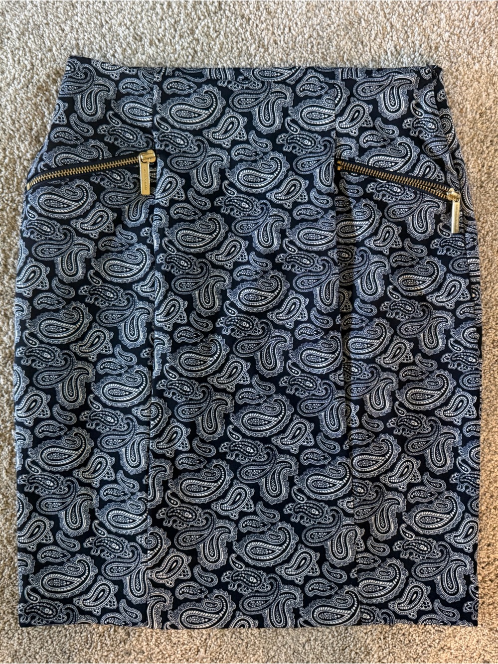 Michael Kors Navy Paisley Pencil Skirt with Gold Zippers